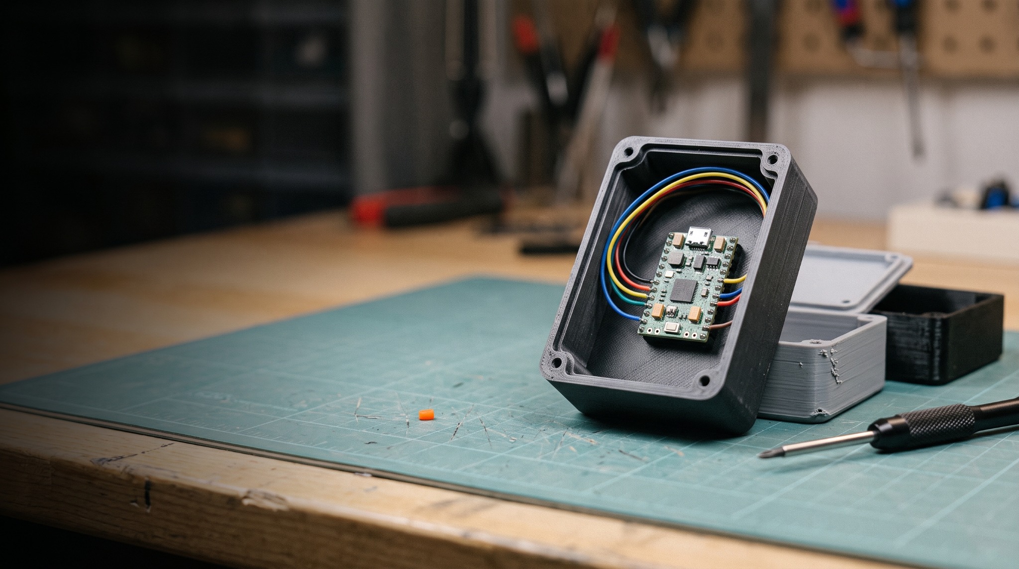 Generated engineering vision. This conceptual enclosure does not depict a converted Nest Mini.