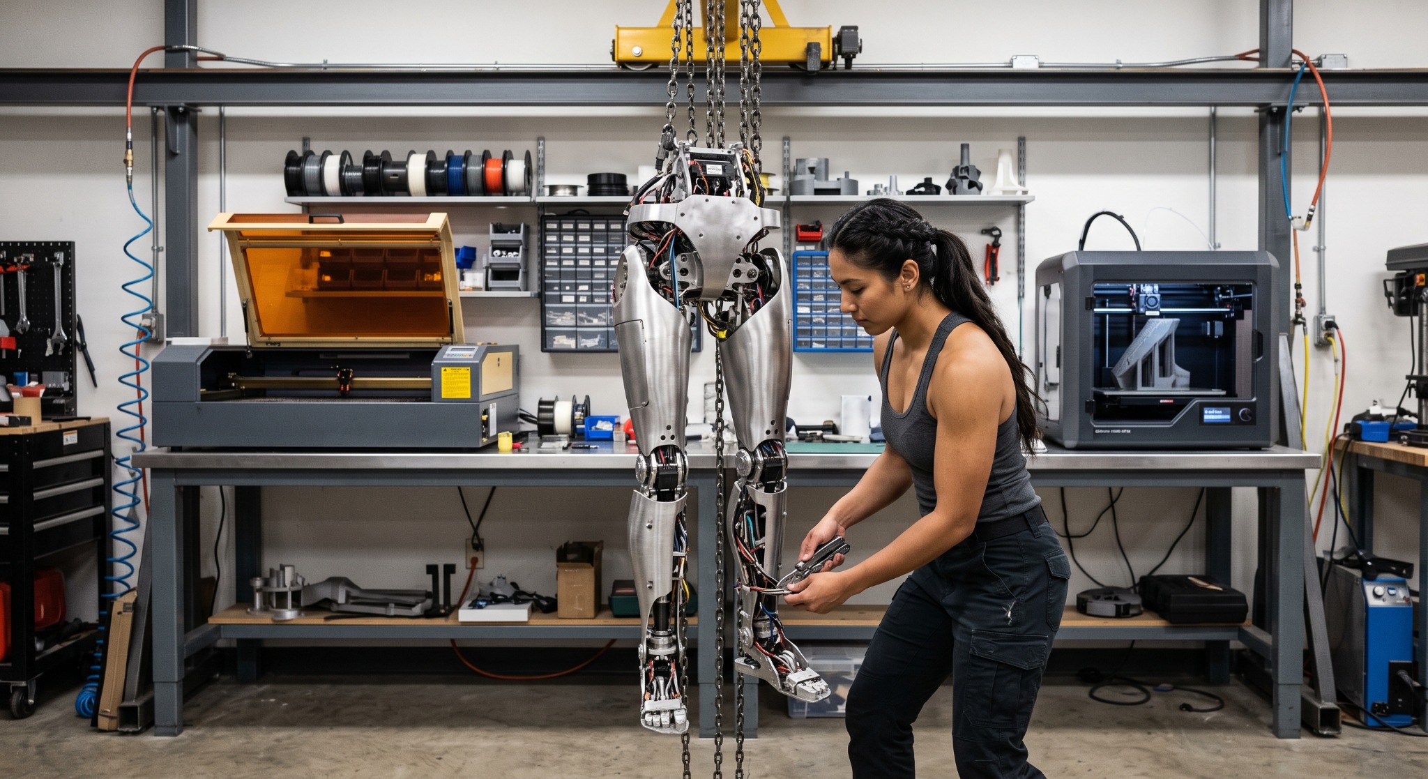 Supplied concept of a person working on a robotic mechanism in a workshop