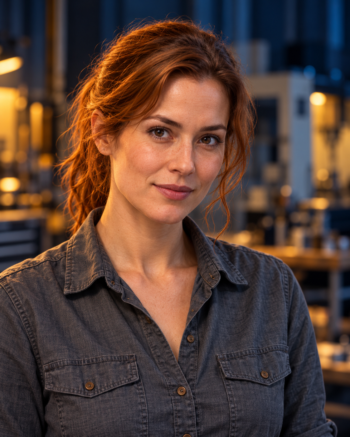 Supplied portrait concept in a warmly lit engineering workshop