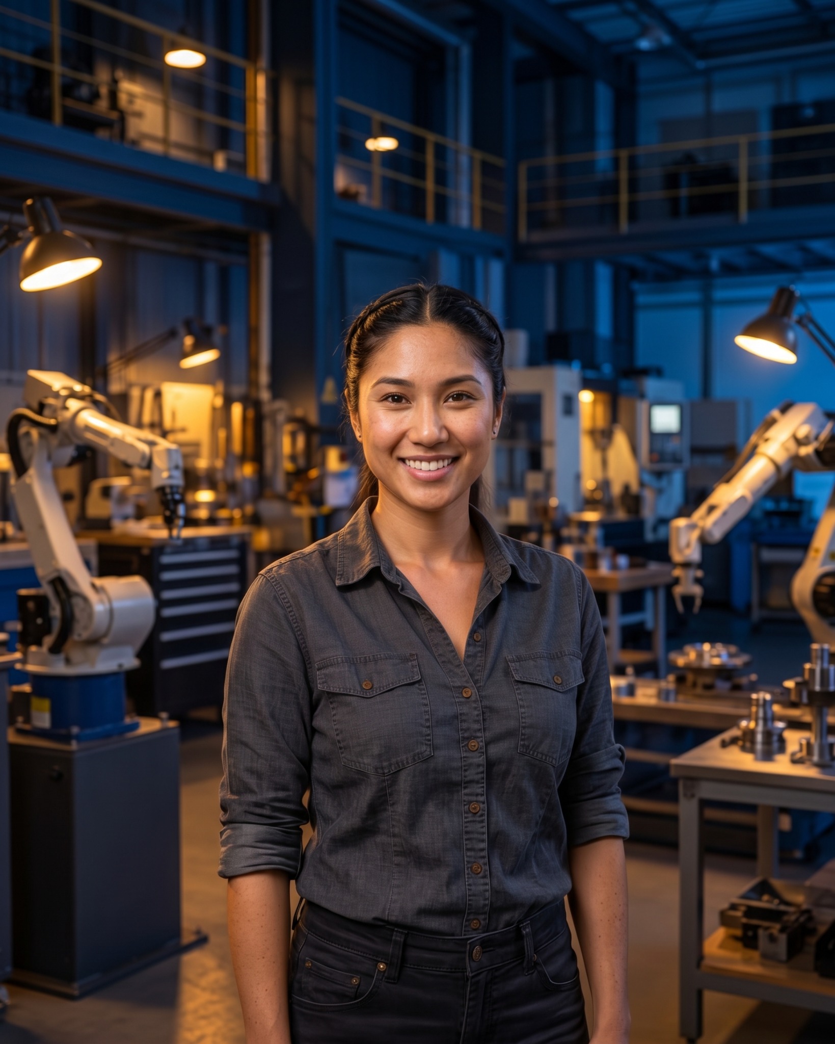 Supplied workshop portrait concept with robotic equipment in the background